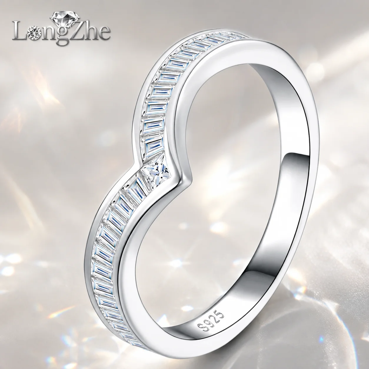Personalized Seiko creative V-shaped 925 silver ring does not fade, light luxury niche design high-end moissanite ring