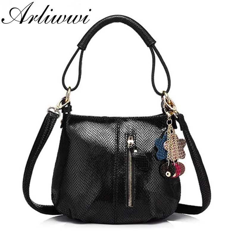 Arliwwi 100% Real Leather Bucket Bags Shiny Summer Colorful Small Genuine Cow Leather Messenger Shouder Handbags For Women