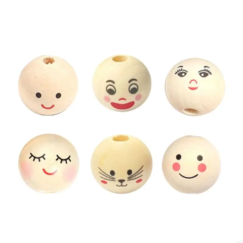 

A52E Versatile Smile Face Wood Beads with Face Angel Creative Round Wood Beads DIY Beads for Making Jewelry