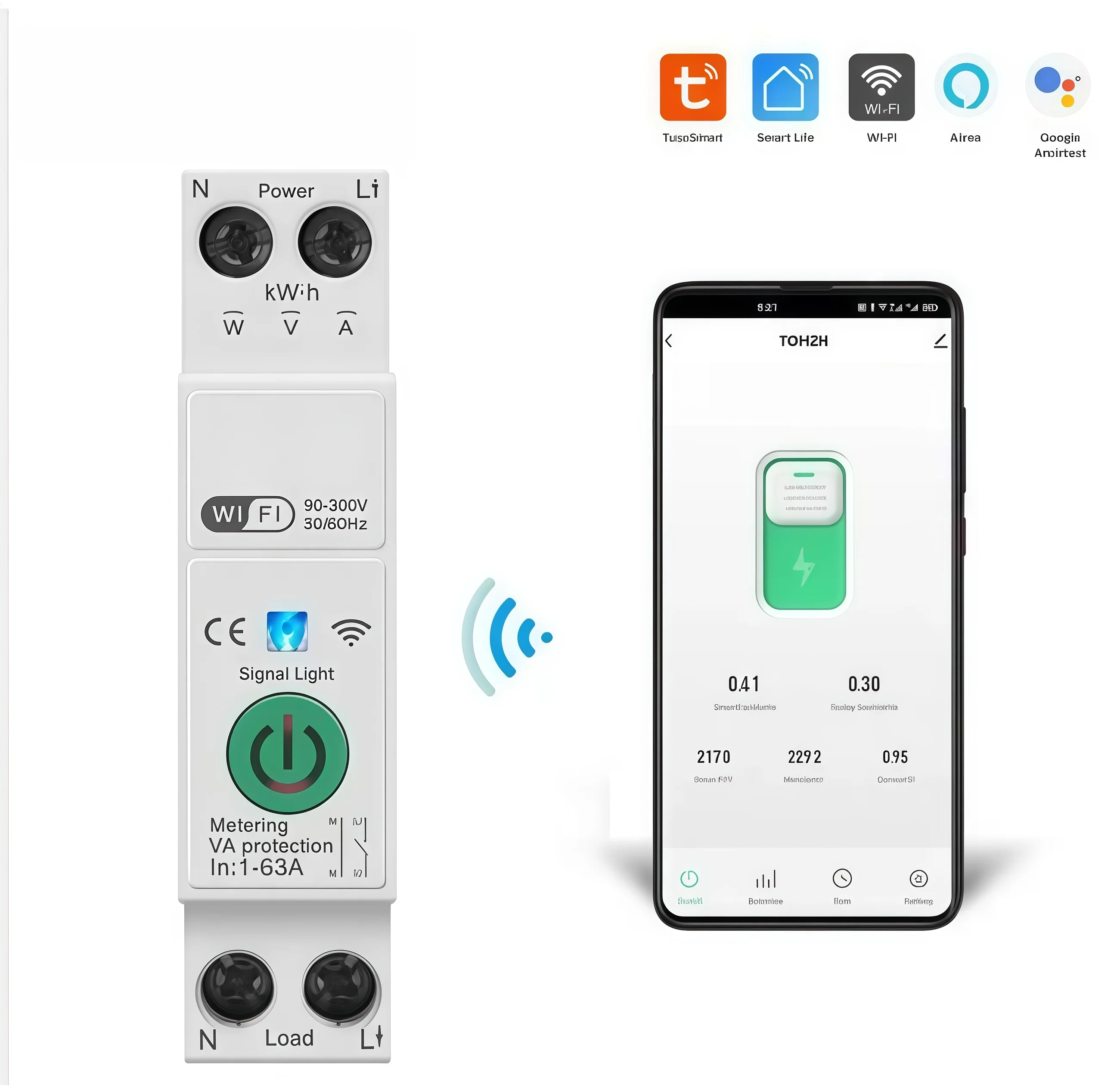 

Миниатюрный умный выключатель WiFi 1P+N MCB с счетчиком электроэнергии и таймером, управление через Tuya/Smart Life, сила отключения 6 кА, крепление на DIN-рейку