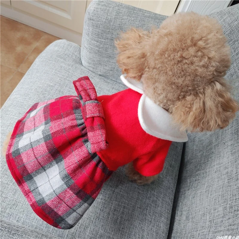 1PC Pet Clothes Cat Autumn and Winter Thickened Red Checkered Doll Neck Princess Dress Red Suitable for Small and Medium Dogs