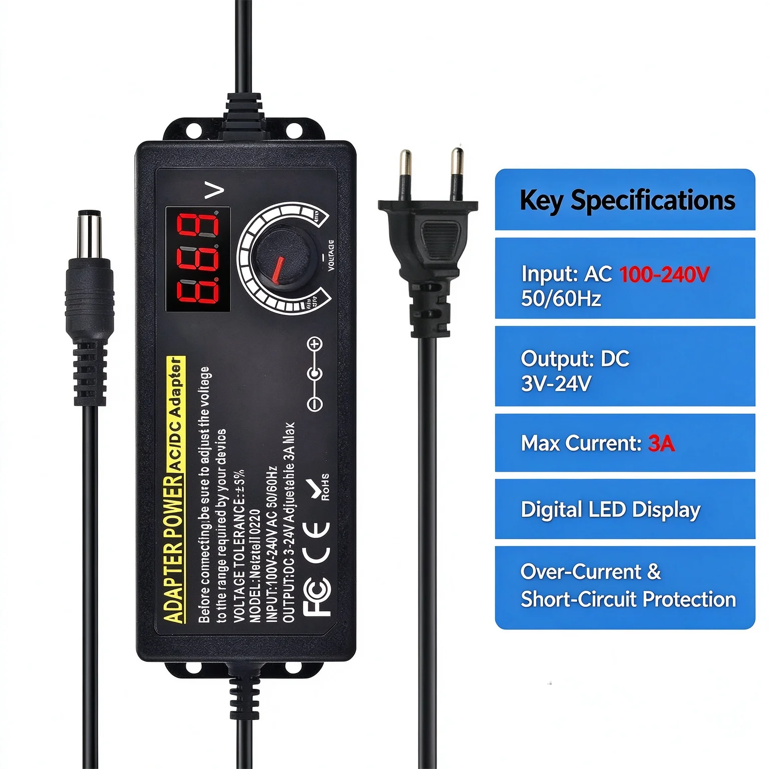 Adjustable Power Supply 3V-24V-3A Variable AC-DC Power Adapter with US/EU Plug Female Home Appliance Alligator Clip for Laborato