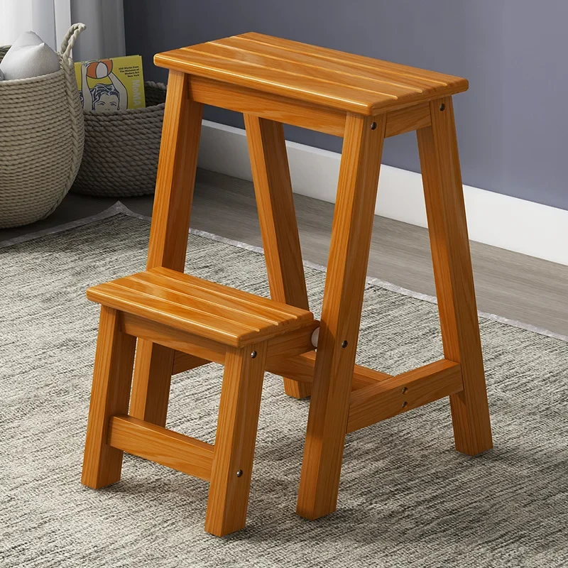 Solid Wood 3-Step Folding Ladder - Multi-Functional Climbing Stool with Dual Purpose Design