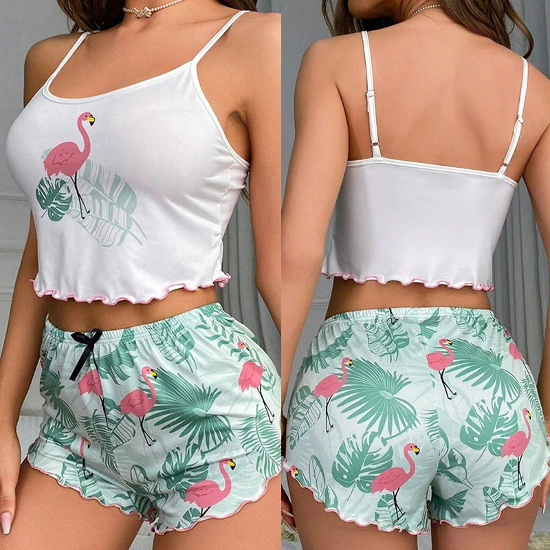 

Sexy Sling Top&short Pajamas Set Women Print Lingerie Loose Loungewear Home Clothes Summer New Nightgown Two Pieces Pyjamas