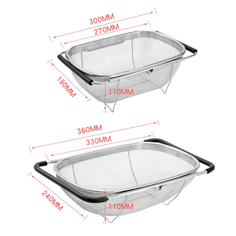 シンク上のステンレス鋼ザル、ファインメッシュストレーナーバスケット拡張可能な排水キッチン