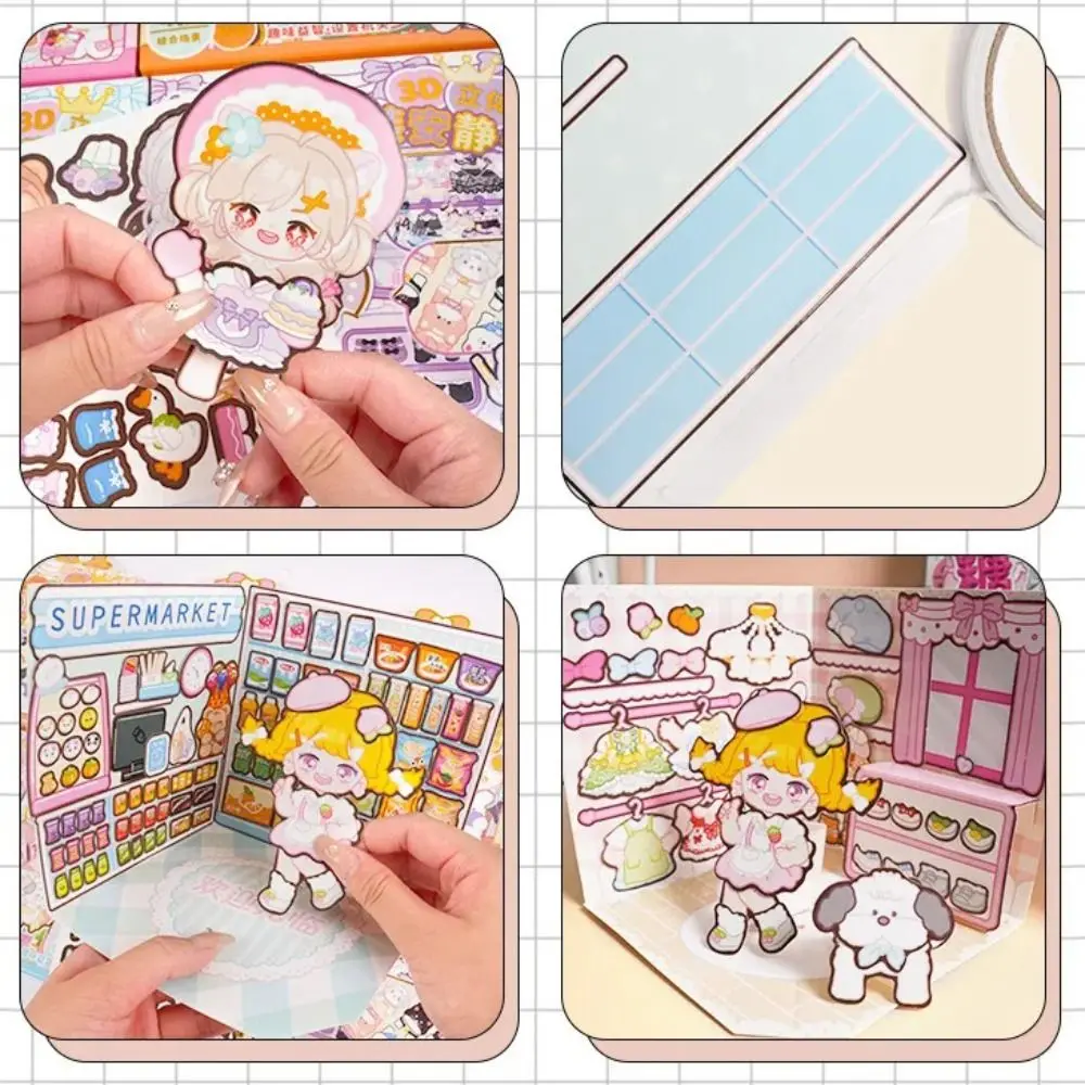 Cardboard DIY Puzzle 3D Sticker Book Handmade Cartoon Pretend Play Paper Doll House Costume Game Creative