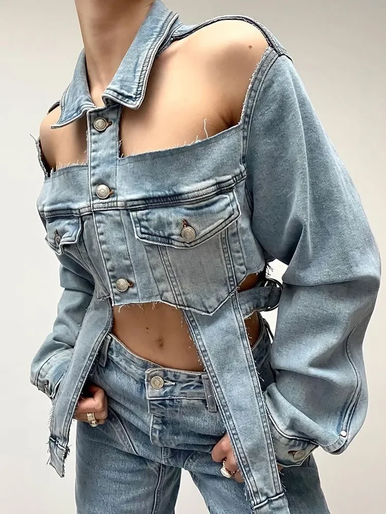 Solid Hollow Out Irregular Denim Coat for Women Lapel Long Sleeve Patchwork Single Breasted Streetwear Coats Female