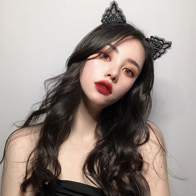 Women Girls for Costume Party Black Lace Cute Cat Ear Headband Cosplay Headwear Hair Accessories Fancy Dress Hairband