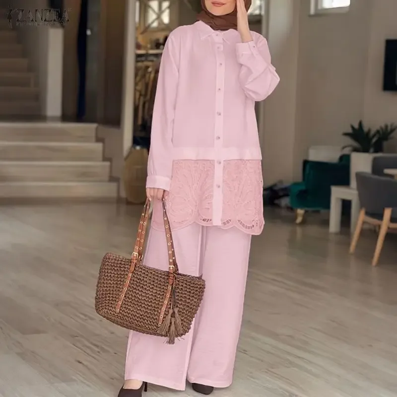 

2026 ZANZEA, женские элегантные кружевные лоскутные рубашки, брюки, комплекты мусульманских одинаковых комплектов, топы с длинными рукавами, одежда для Рамадана, рабочий спортивный костюм