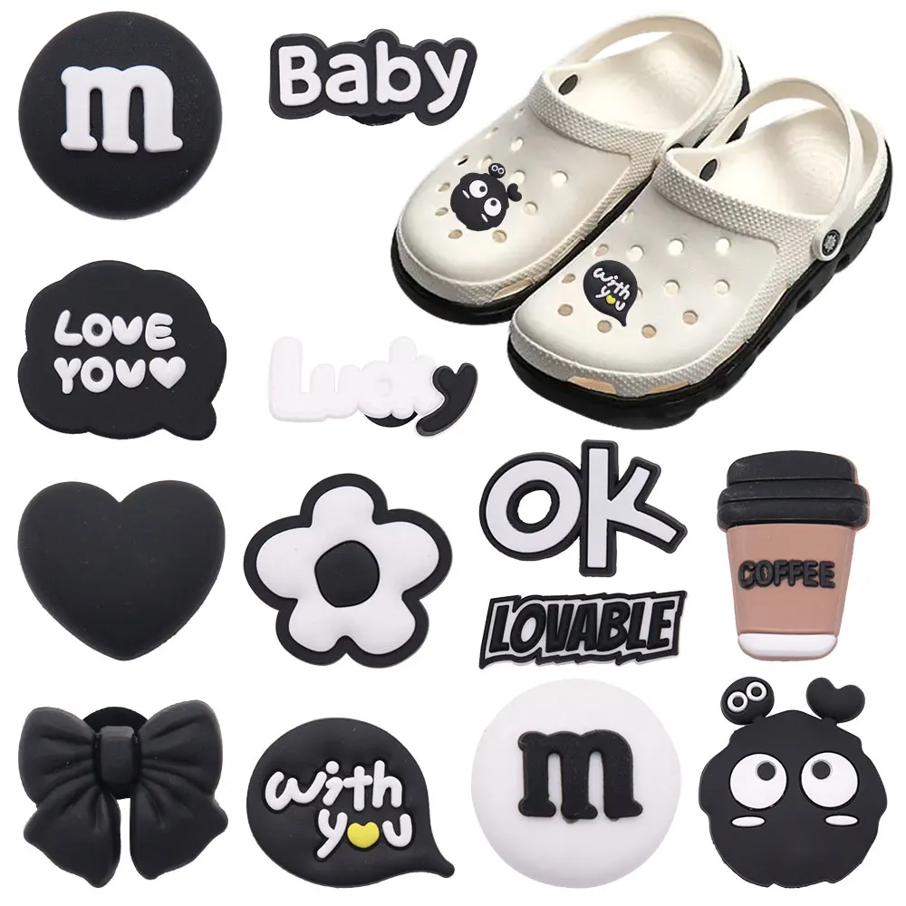 

1-13PCS PVC Croc Jibz Buckle Fit Wristbands Black Chocolate Love You Bow Heart Ok Slipper Accessories Hole Shoes Ornaments