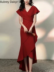 Summer Red Elegant Long Dress Women Korean Casual V-neck Irregular Evening Party Dress Sexy Chic Ruffle Fashion Dresses 2024 New
