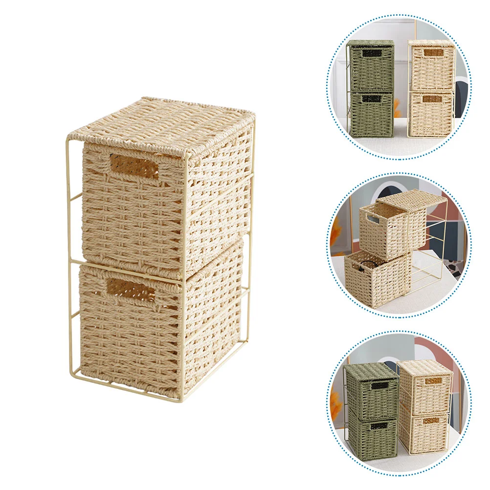 

2 Tier Organizer Baskets Rattan Double Layer Hamper Dual-layer Dresser Khaki Pvc Imitation Sundries Storage