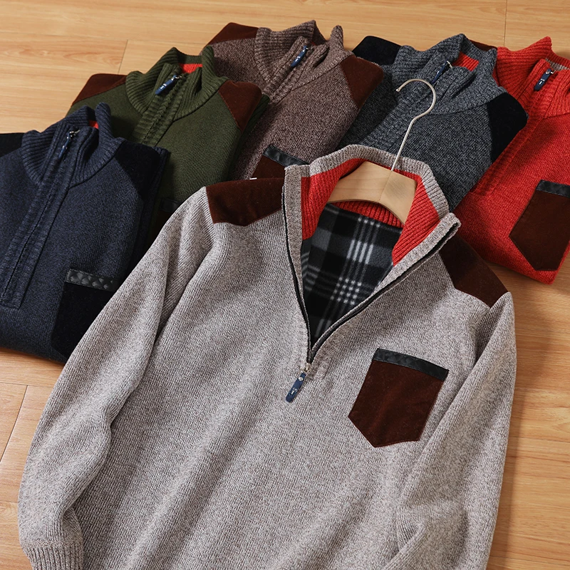 

Men's Faion Knitted Sweater Stand Collar f Zipper Fce Lined Polyester Fiber Autumn Winter Warm Busin Sle Long Sl...