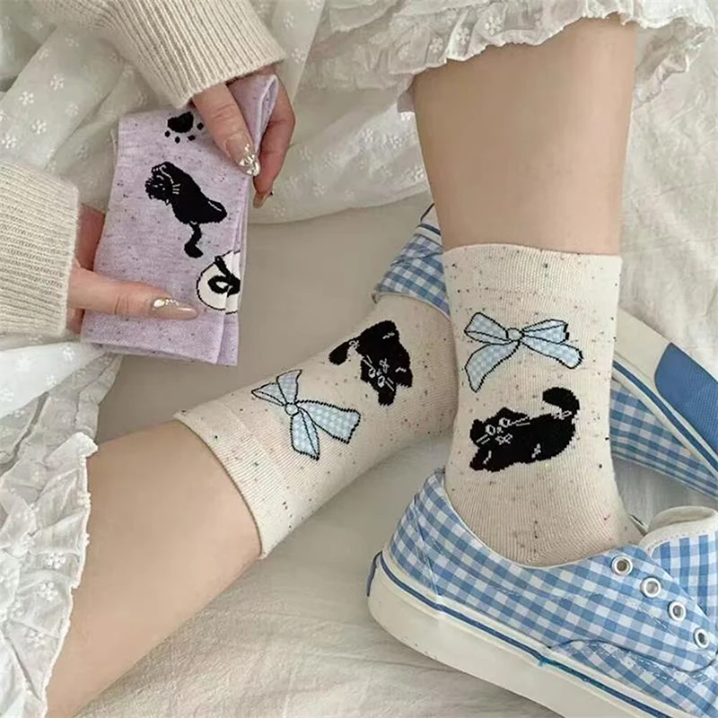 Chaussettes tube moyen en coton pour femmes, imprimé chat mignon, respirant, évac80-la transpiration, cadeaux girly, mode quatre saisons, 1 paire