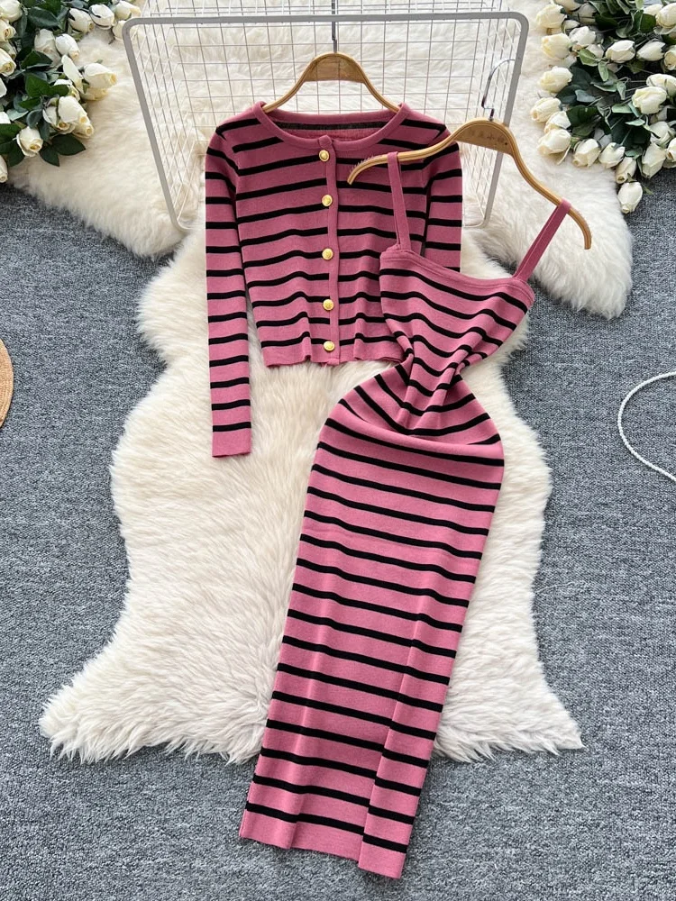Slimming Knitted Set Long Sleeve Striped Dress And Outerwear Women's Fashion 2025 New Style Button round Neck Two-Piece Suit
