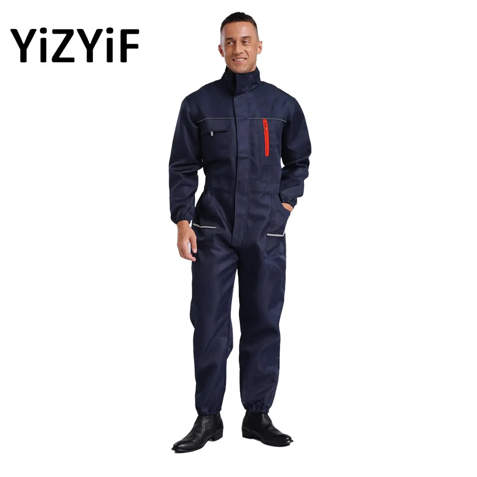 Adults Coveralls Work Uniforms Unisex Wear Resistant Stand Collar Long Sleeve Multi-pockets Reflective Stripes Jumpsuit