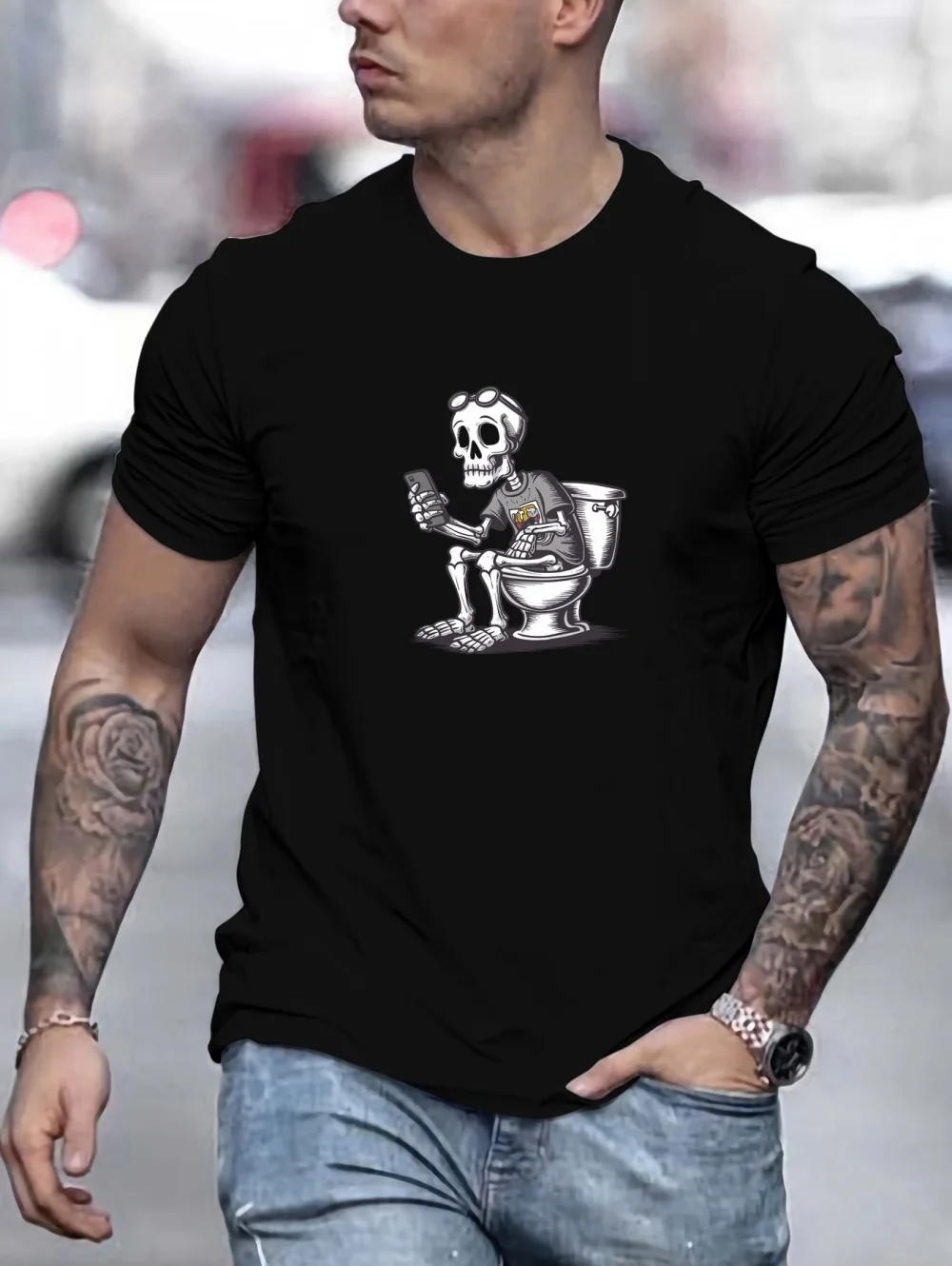 Funny Men's Skeleton Bathroom Humor Print T-Shirt Summer Short Sleeved Round Neck Top Casual Fashion Streetwear Men's Clothing