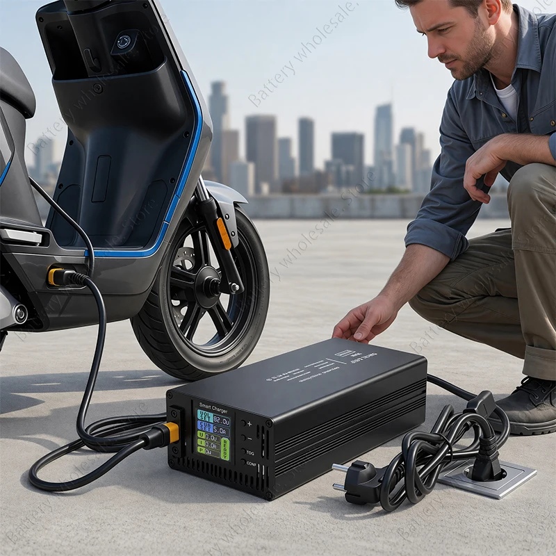 Kaliobes universal adjustable 10V to 93V smart lithium battery fast charger with LCD display
