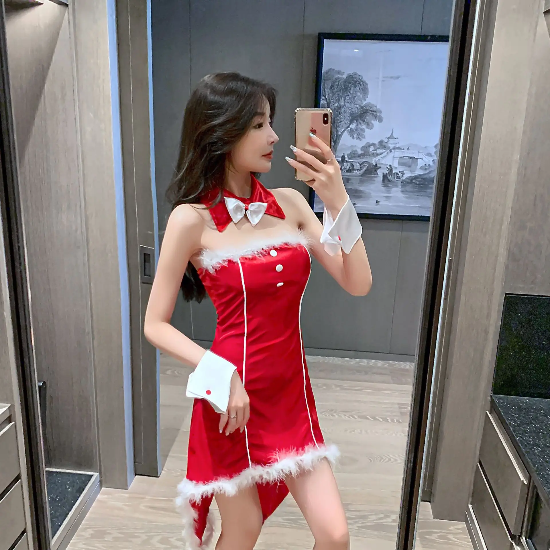 

Sexy Santa Claus Costume Cosplay Women Christmas Clothing Furry One Neck Low Cut Christmas Party Small Dress Xmas Role Play Wear