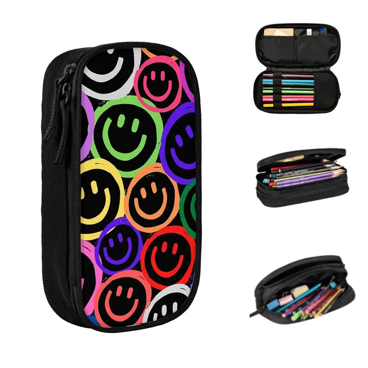 Neon Smiley Faces Pencil Cases Large Capacity Pen Bags Pen Box Pencil Pouch For Boys Girls Students Stationery School Office