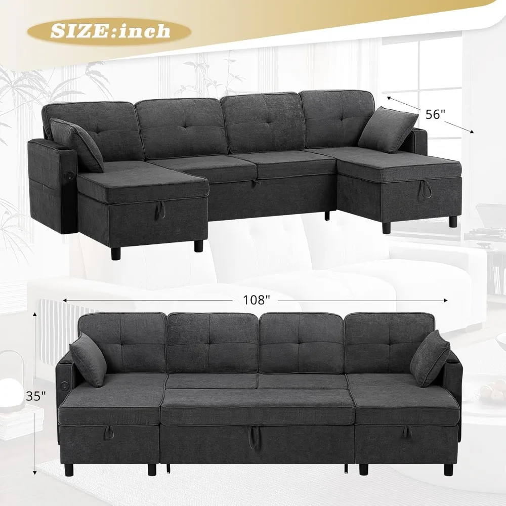 108 Inches Chenille Sectional Sofa w/Adjustable Back & Pull Out Sofa Bed, Tufted U Shaped Couch w/Two Storage Chaises, Sleeper image 3