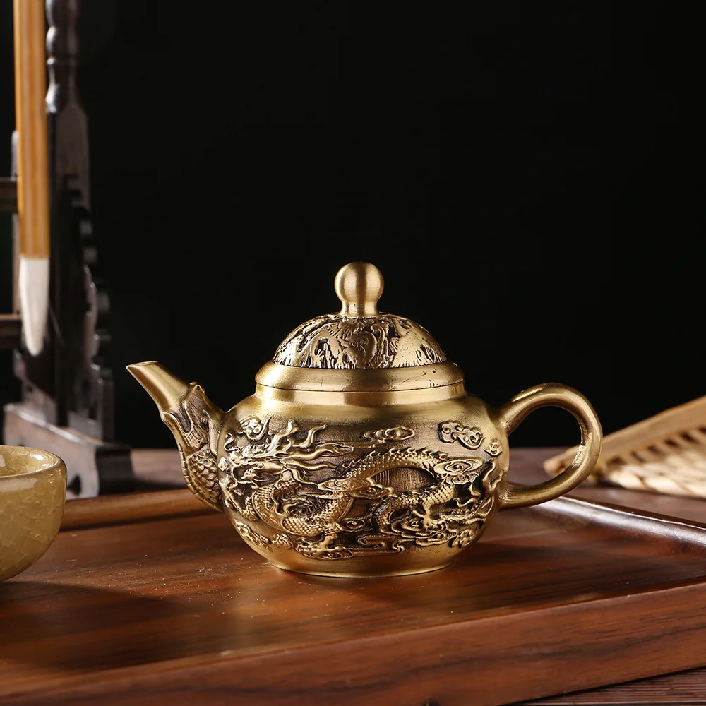 Brass dragon and phoenix teapot home handle pot brass dragon and phoenix pot ornaments metal crafts office desktop bronze.