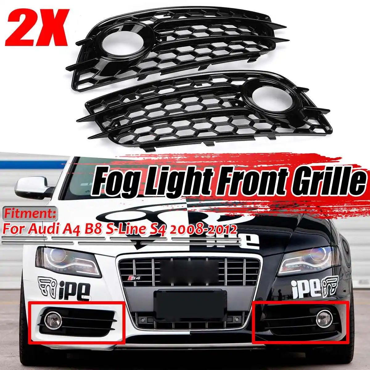 

2PCS Car Front Fog Light Grille Cover Honeycomb Fog Lamp Grill For Audi A4 B8 S-Lines S4 Bumper 2008-2012 8K0807681C 8K0807682C