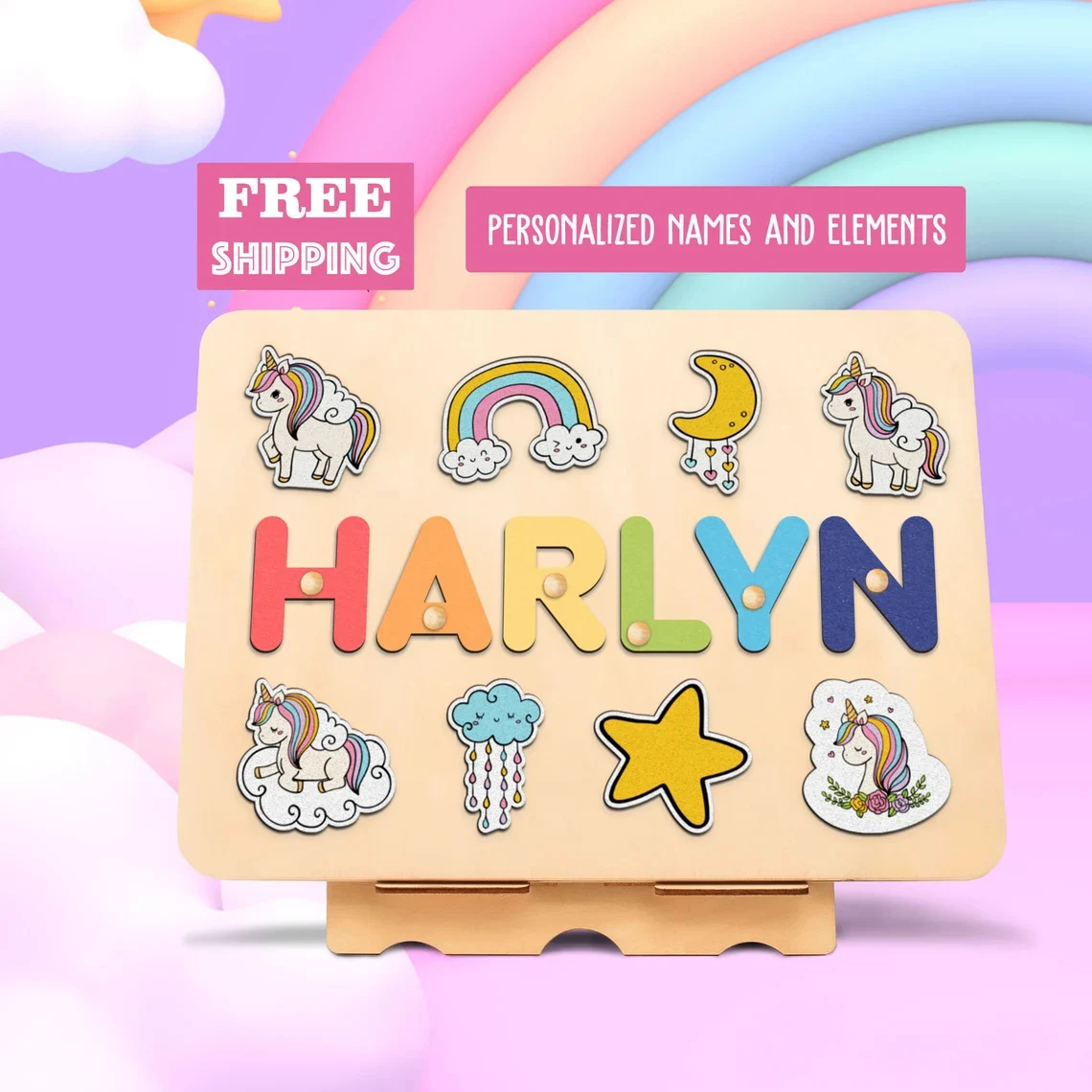 Unicorn Name Puzzle, First Christmas Gift for Girl, Wooden Name Puzzle, Personalized Birthday Gift for Kids