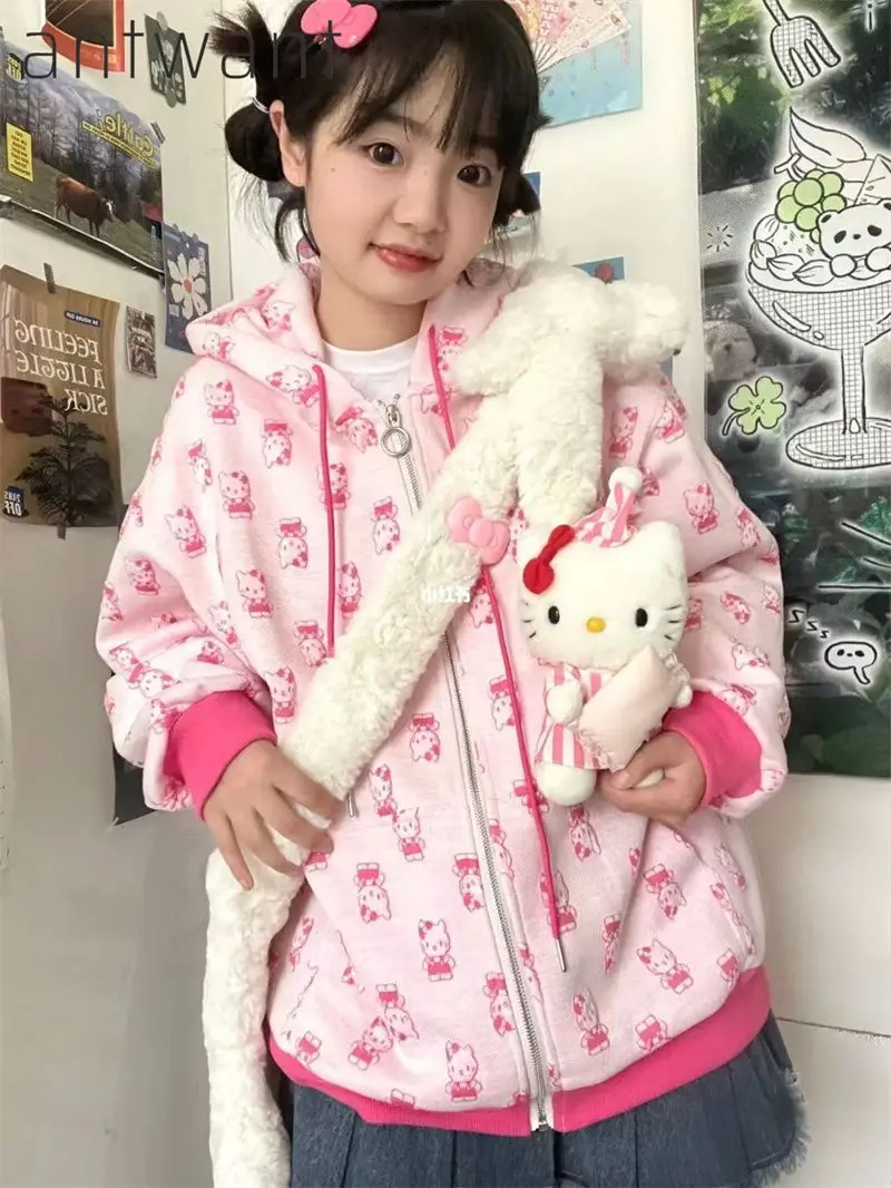 Hello Kitty Cute Pajamas Anime Pure Cotton American Style Cute Kt Cat Padded Thickened Hood Loose Sanrio Comfortable and Warm