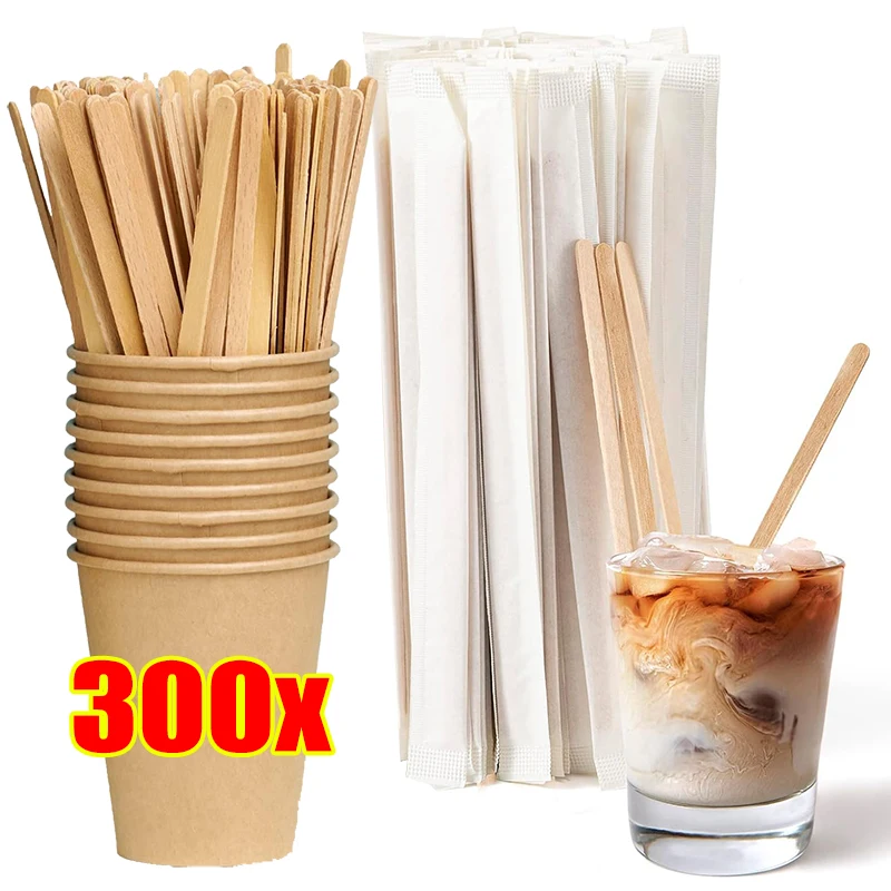 300/100pcs Wooden Coffee Stirrers Individually Wrapped Disposable Tea Drink Cocktail Mixer Swizzle Sticks Round End 5.5Inch Long