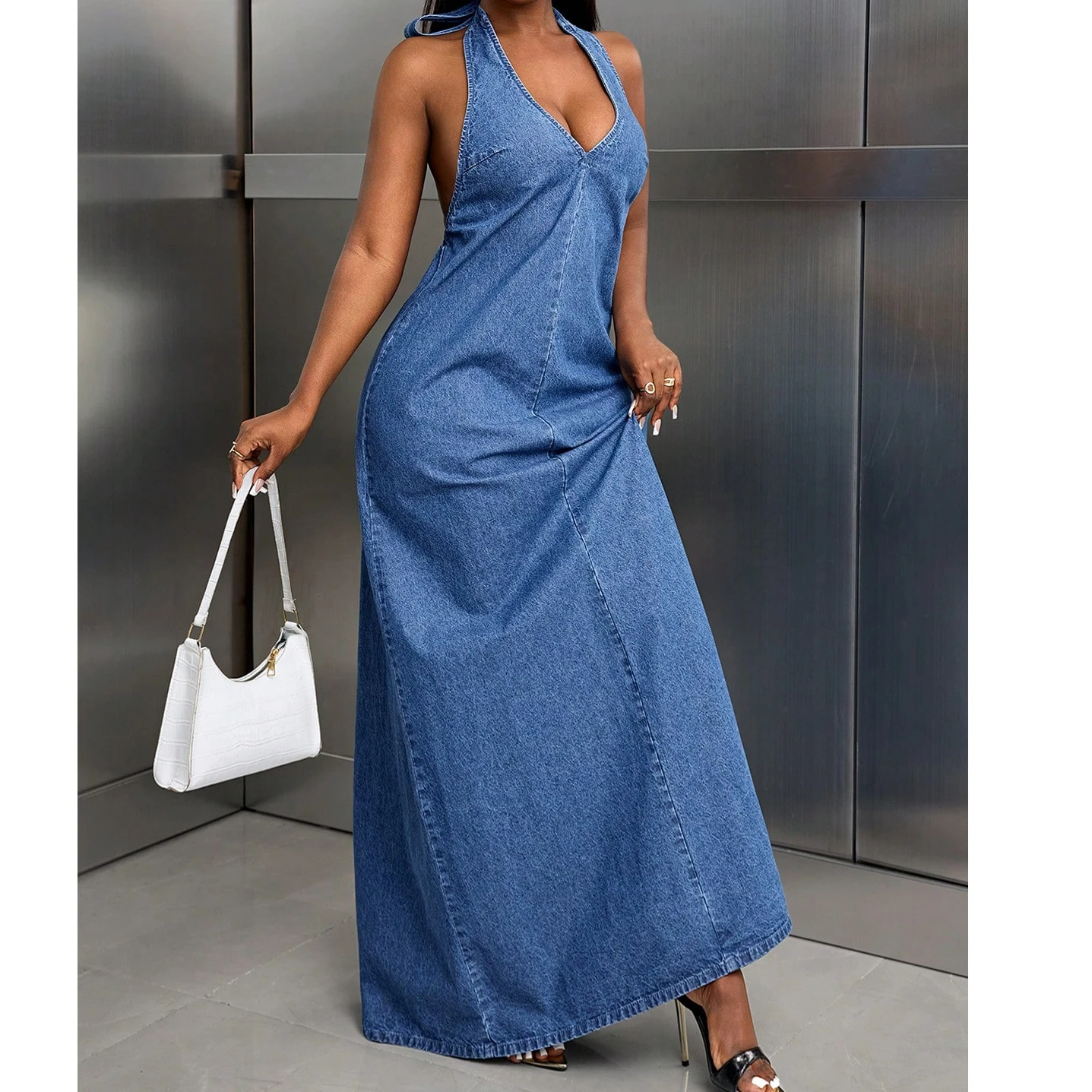 Robe longue de luxe en Denim pour femmes, col licou, à la mode, couleur unie, dos nu, col en V, sans manches, été