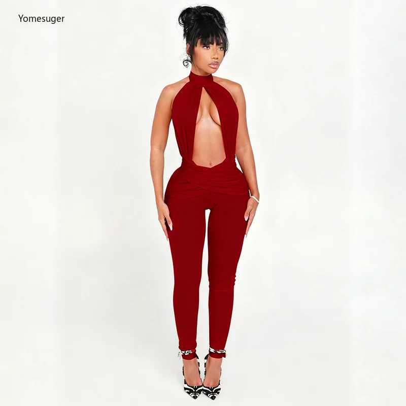 

Yomesugar комбинезон с открытой спиной и лямкой на шее, женский сексуальный комбинезон в стиле пэчворк с рюшами на талии, облегающий комбинезон, полночная клубная одежда Y2k, уличная одежда