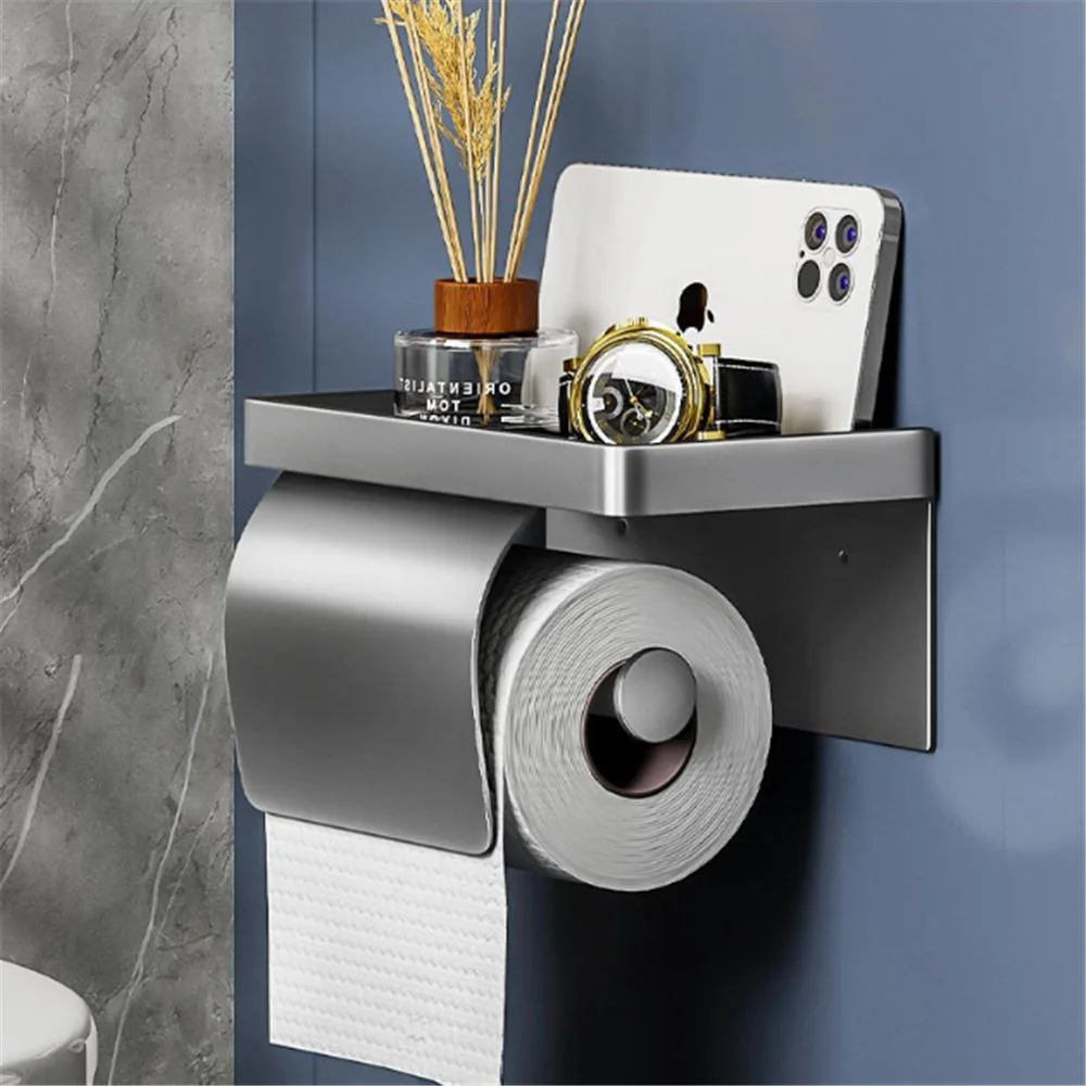 グレーのトイレットペーパーホルダー、棚付き、アルミ製バスルームペーパーホルダー、壁掛けペーパーロールホルダー、電話収納棚付き