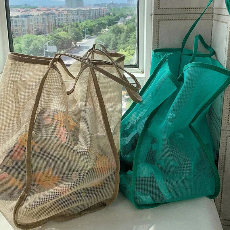 

Breathable Mesh Storage Handbag Solid Color Transparent Large Capacity Shoulder Bag Swimming Beach Shopping Toy Storage Bag New