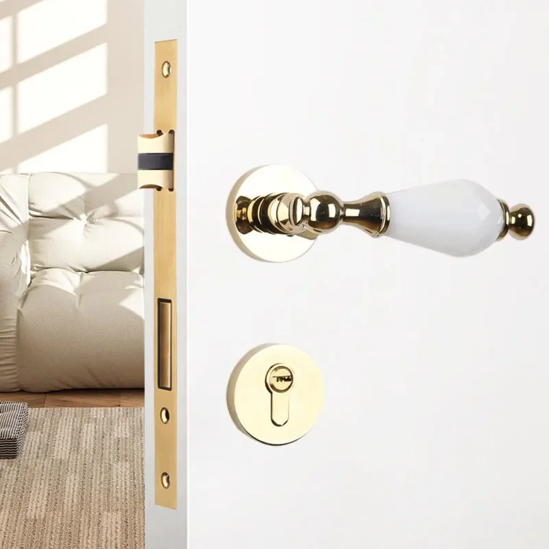 Modern Black Ceramic Door Handle with Lock Gold Accent Silent Latch for Interior Bedroom Wooden Door Simple American Style