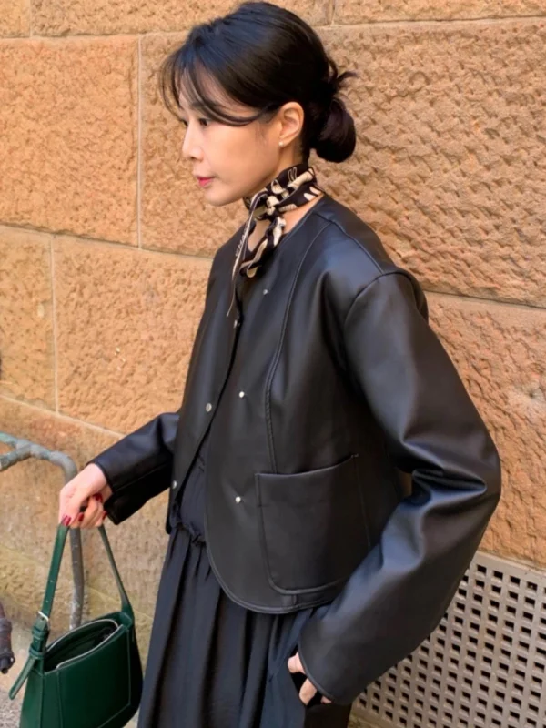 Retro Chic Asymmetric Design Metal Buckle Motorcycle PU Leather Jacket Women's Short Outerwear Autumn Winter High-End Feel