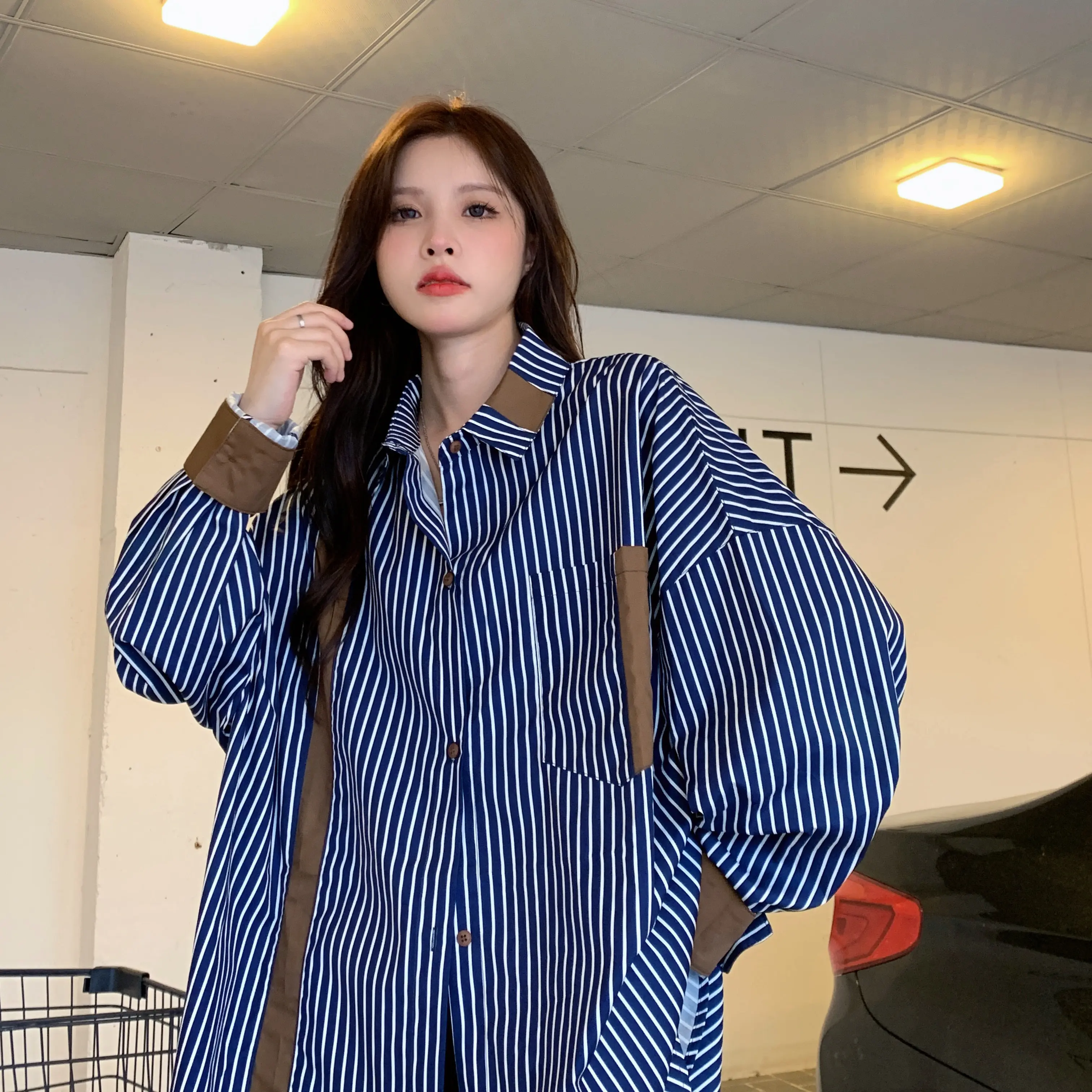 

SuperAen Oversize Korean-style Striped Contrast Color Shirts for Women Spring and Autumn New Vintage Loose Shirts