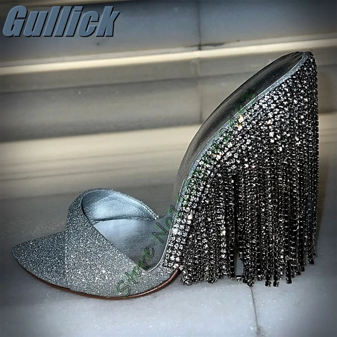 

Silver Rhinestones Heels Chain Heeled Sandals Pointed Toe Women Luxury Designer Shoes Summer One Strap Sandalias Slip On Slipper