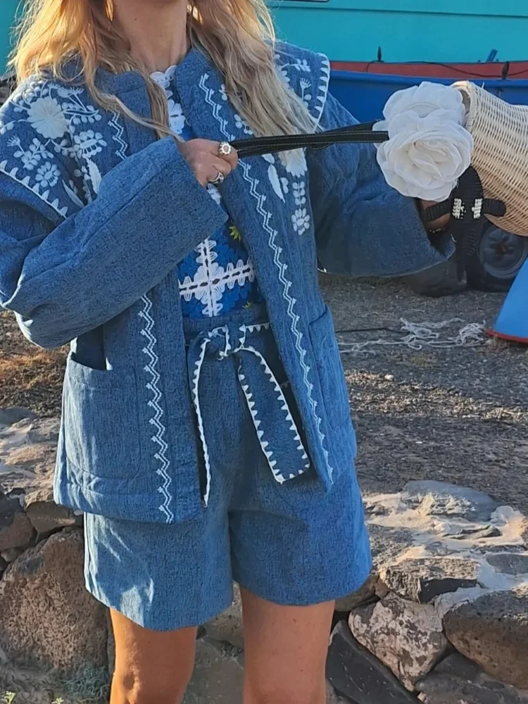 Abrigo con estampado de flores para mujer, chaqueta elegante de manga larga con cuello redondo y bolsillos, ropa de calle que combina con todo 2024