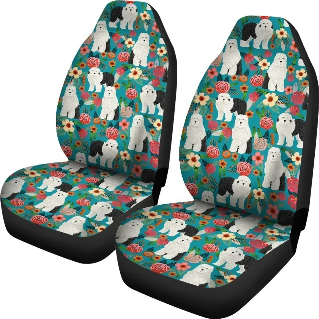 Old English Sheepdog Floral Print Car Seat Covers Set 2 Pc, Car Accessories Seat Cover