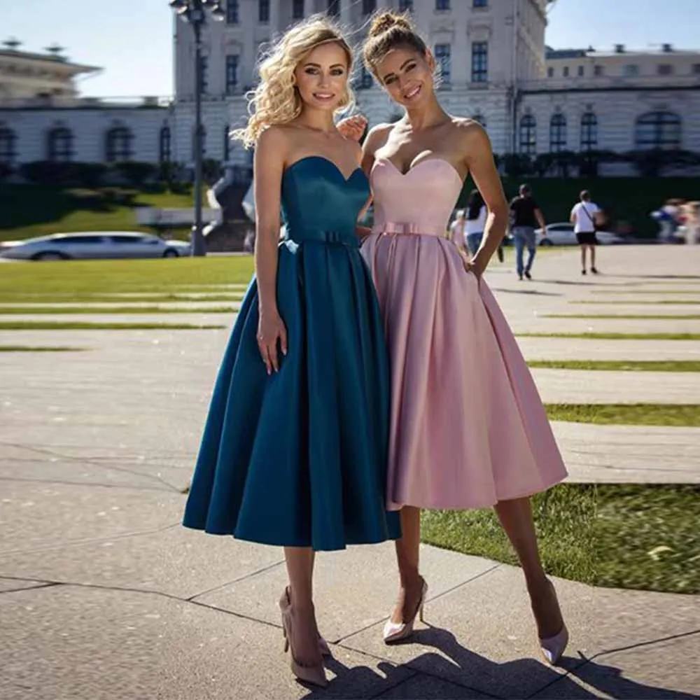 فساتين لحفلات الكوكتيل النسائية الرسمية 2025 فستان عيد ميلاد من الساتان على شكل حرف a وردي على شكل قلب وحزام برباط وجيب مكشكش فساتين لحضور الحفلات الموسيقية #1