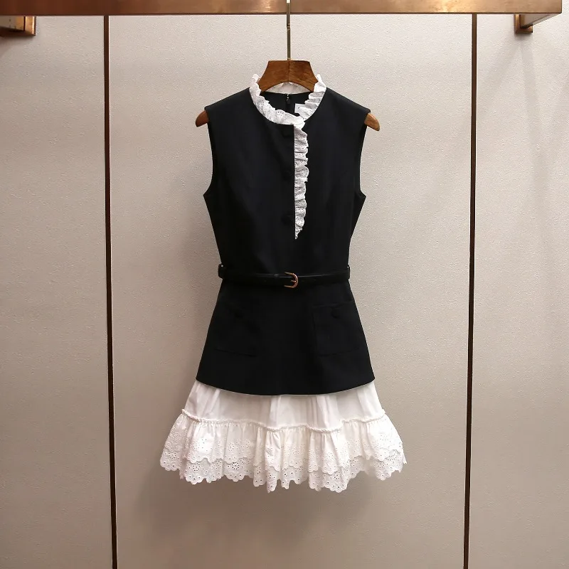 

High-end Women's Clothing Spring Summer New French Elegance Temperament Commuting Splicing Lace Edge Sleeveless Vest Dress 2026