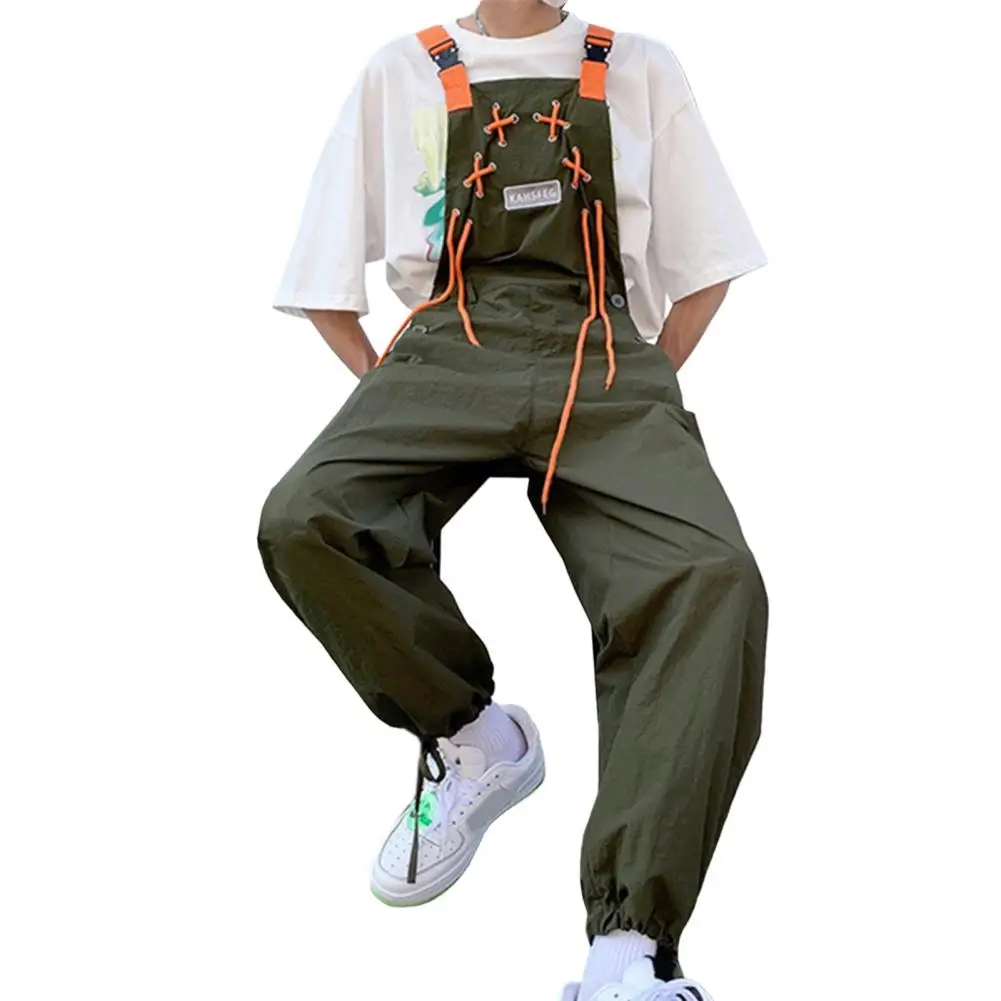 Men Jumpsuit Vintage Loose Suspenders Pocket Solid Color Dress-up Drawstring Sleeveless Hip Hop Men Pants Male Casual Overalls