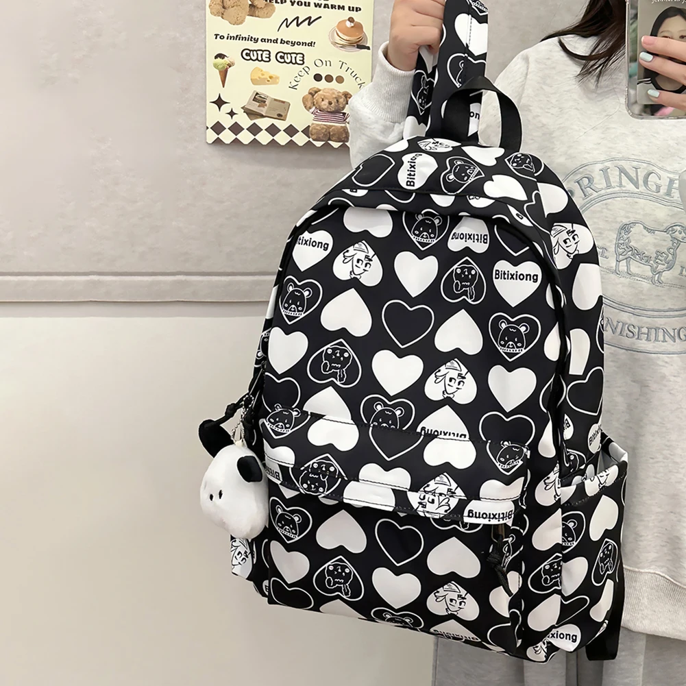 Backpack for Students Heart Pattern Book Bag Nylon Adjustable Strap Shoulder Bag Large Capacity Rucksack