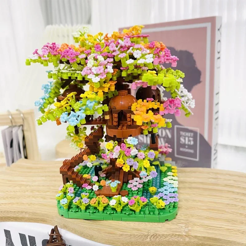Ładna Sakura domek na drzewie Diy mikro diamentowy Model bajkowy świat klocki kreatywne wewnętrzne dekoracje dla dorosłych zabawka dla dzieci