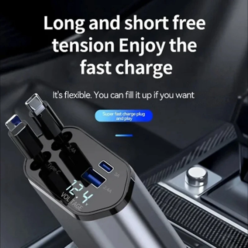 Top Sale-Car Retractable Car Charger 2 USB Ports Support 120W Super Fast Charge Flash Charge 4-In-1 Cigarette Lighter