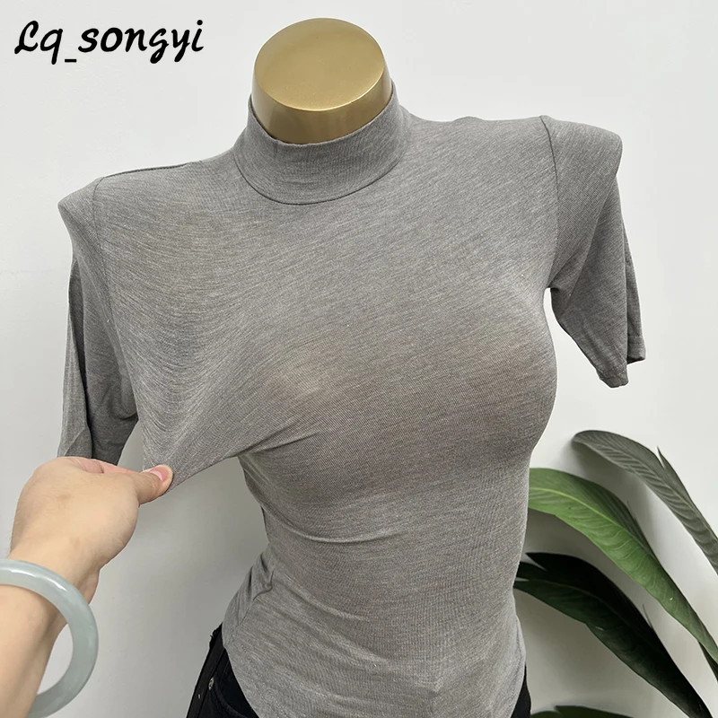 

Lq_songyi Thin See-through ~ Sexy Mock Neck Tops Women Stand Collar Irregular Hem T Shirts Solid Camisole Slim Half Sleeve Top