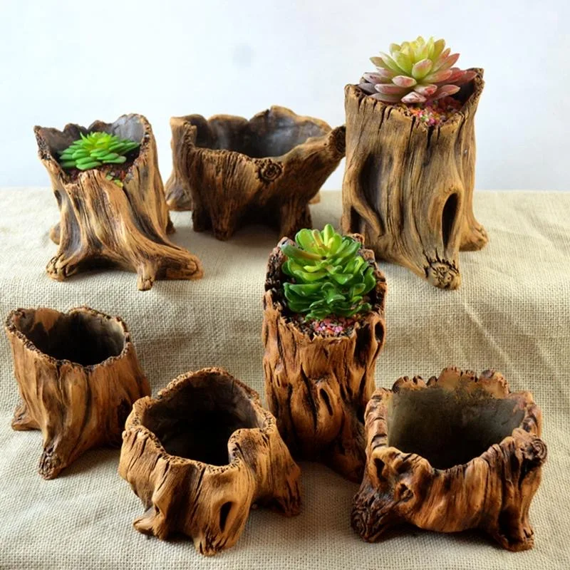Creative Retro Cement Stump Succulent Flowerpot Personalized Garden Accessories with Drainage Holes for Indoor Outdoor Decor