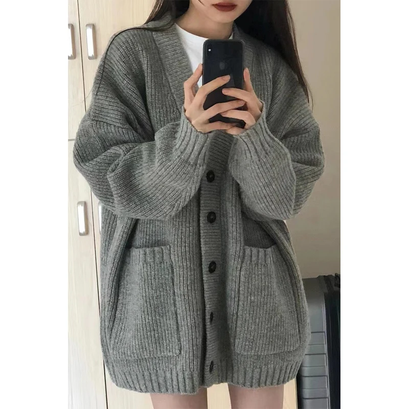 

Женский винтажный вязаный кардиган свободного кроя в корейском стиле, из полиэстера, с V-образным вырезом, длинными рукавами, средней длины