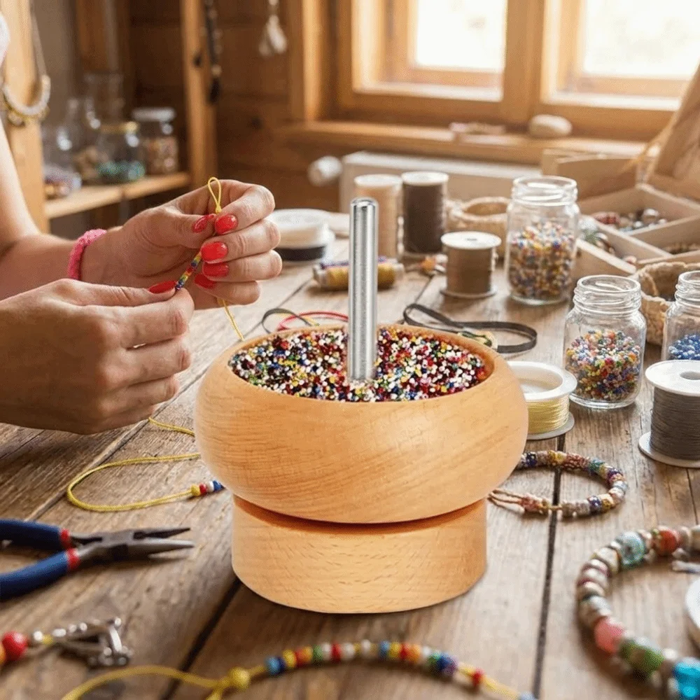 Easy Rotation Wooden Bead Spinner Automatic Speed Wooden Bead Loader Spinner Solid Wood with Needle Electric Spinning Bead Bowl